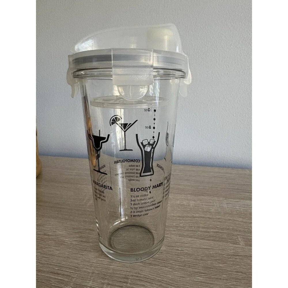 Glasslock Shaker Glass Cocktail Mixer With Drink Recipes & Measurements 2-10 Oz